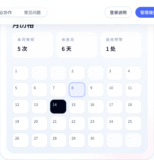 极排班月视图截图，展示整月排班、夜班、休息日和连班提醒