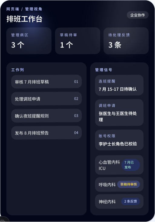 极排班网页端排班工作台截图，展示病区、草稿审核、反馈和管理信号
